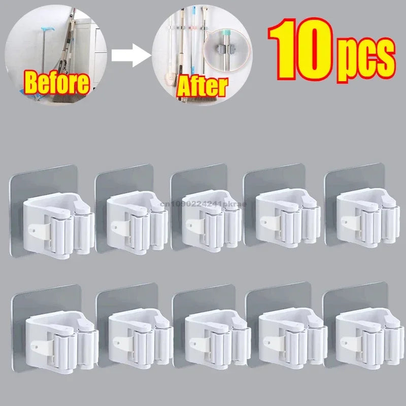 Self-adhesive Mop Holder – Wall Mounted Broom Stand & Brush Hook Storage Organizer