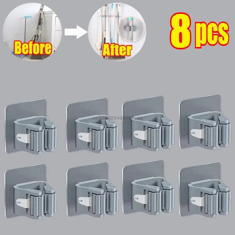 Self-adhesive Mop Holder – Wall Mounted Broom Stand & Brush Hook Storage Organizer